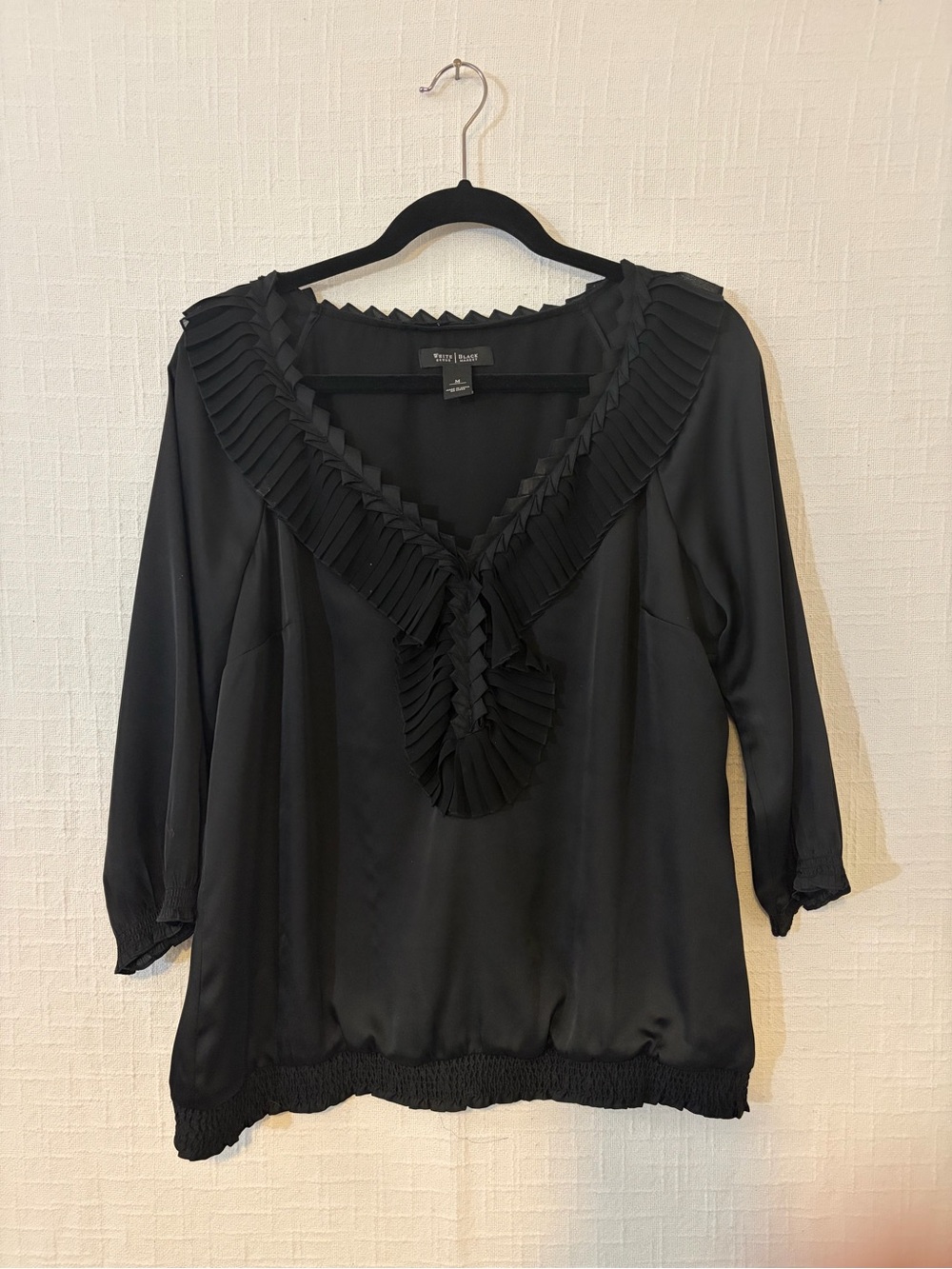 White House Black Market Black Pleated V-Neck Blouse